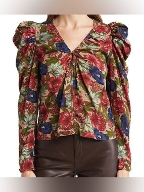 WALTER BAKER Large Vanessa Puff Long Sleeve Royal Garden Floral Top Blouse